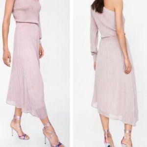 Zara Pink Metallic Thread One Shoulder Asymmetric Midi Dress